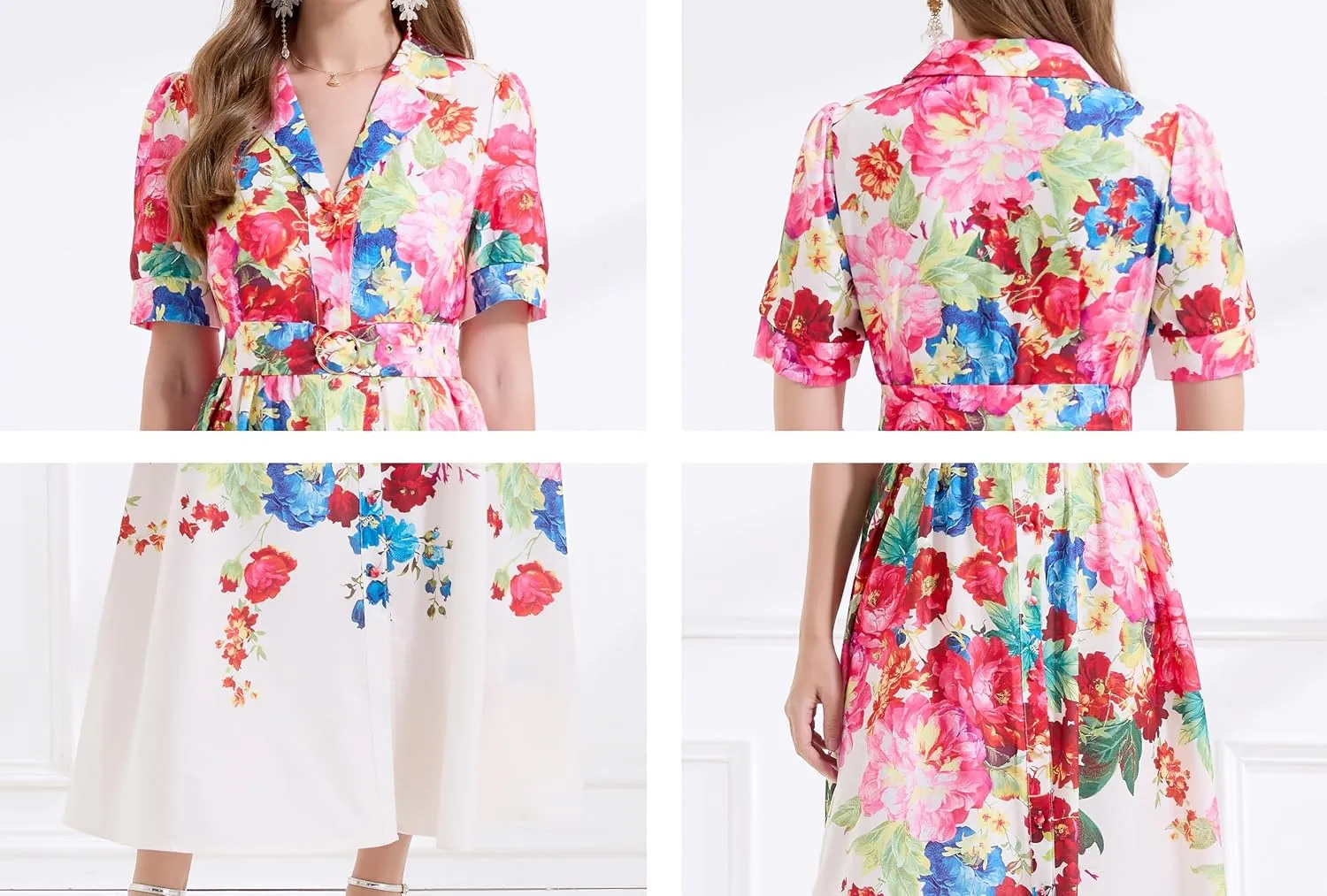 LAI MENG FIVE CATS Women's V-Neck Front Button Floral Print Short Sleeve Waist Belt Maxi Dress