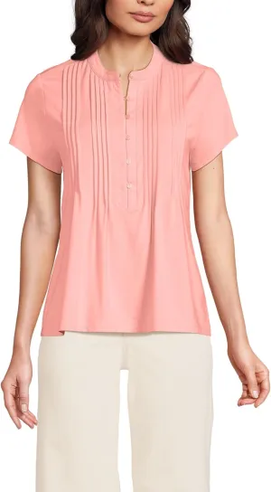 Lands' End Women's Short Sleeve Lightweight Jersey Button Pintuck Top