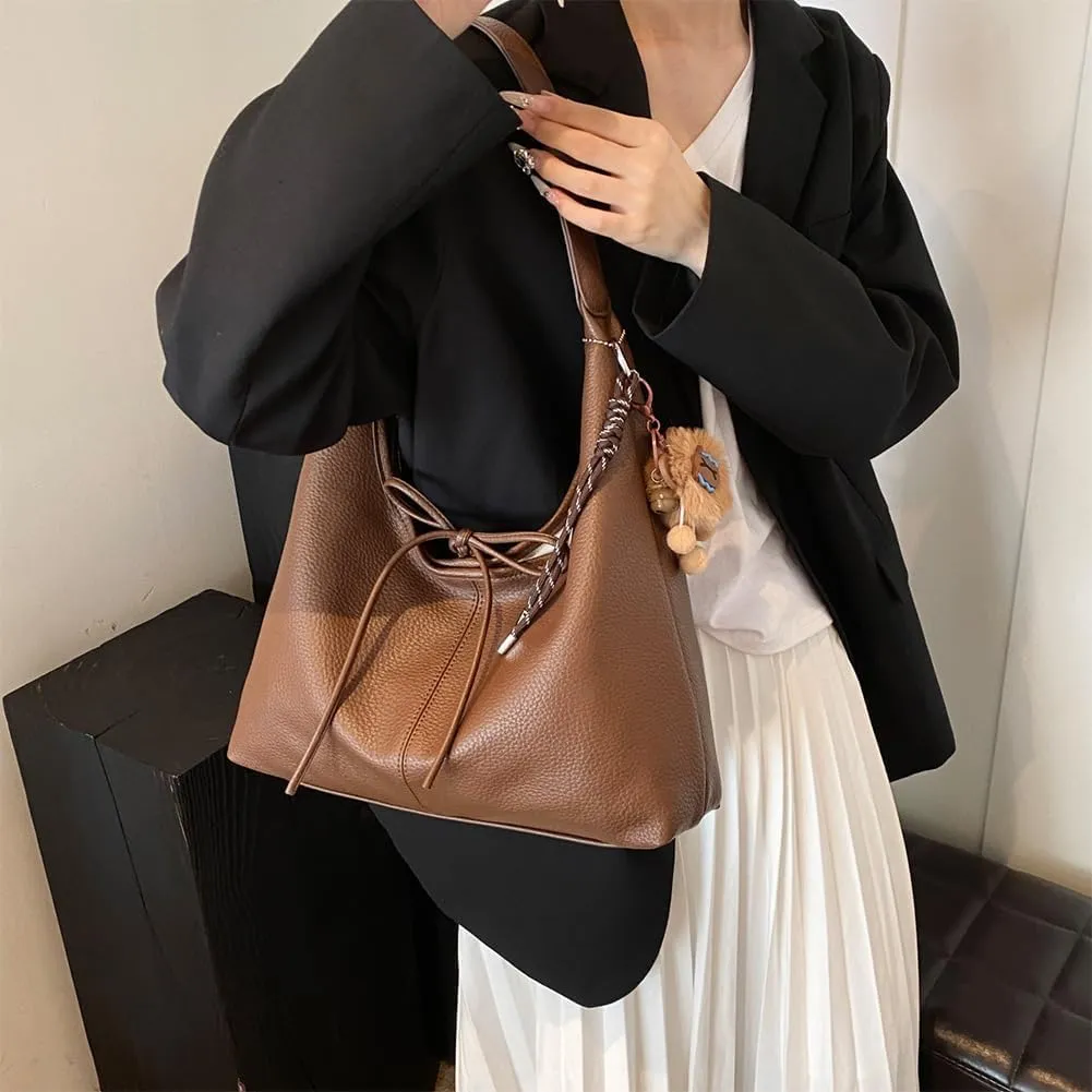 Leather Hobo bag for Women,Leather Shoulder bag Slouchy Hobo Purses and Handbags Bow with Doll Accessories Fall Purse