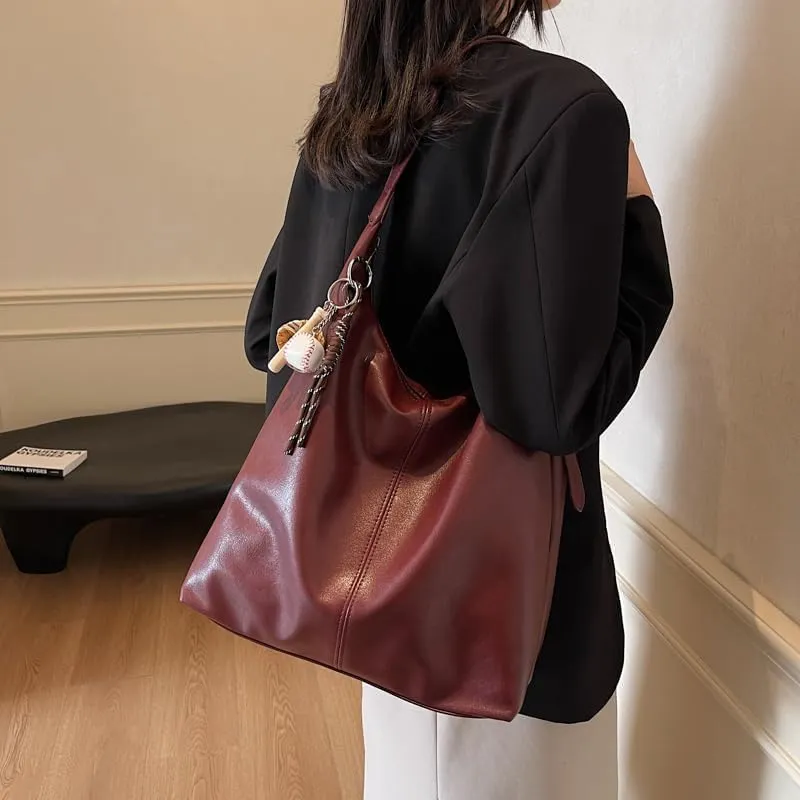 Leather Hobo bag for Women,Leather Shoulder bag Slouchy Hobo Purses and Handbags Bow with Doll Accessories Fall Purse
