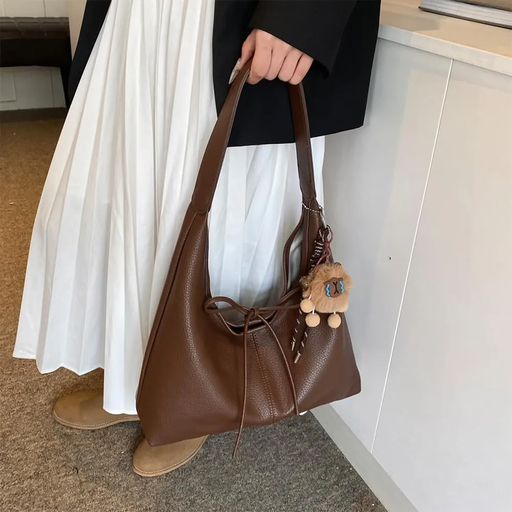 Leather Hobo bag for Women,Leather Shoulder bag Slouchy Hobo Purses and Handbags Bow with Doll Accessories Fall Purse