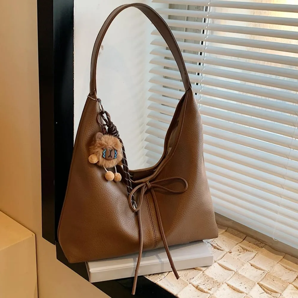 Leather Hobo bag for Women,Leather Shoulder bag Slouchy Hobo Purses and Handbags Bow with Doll Accessories Fall Purse