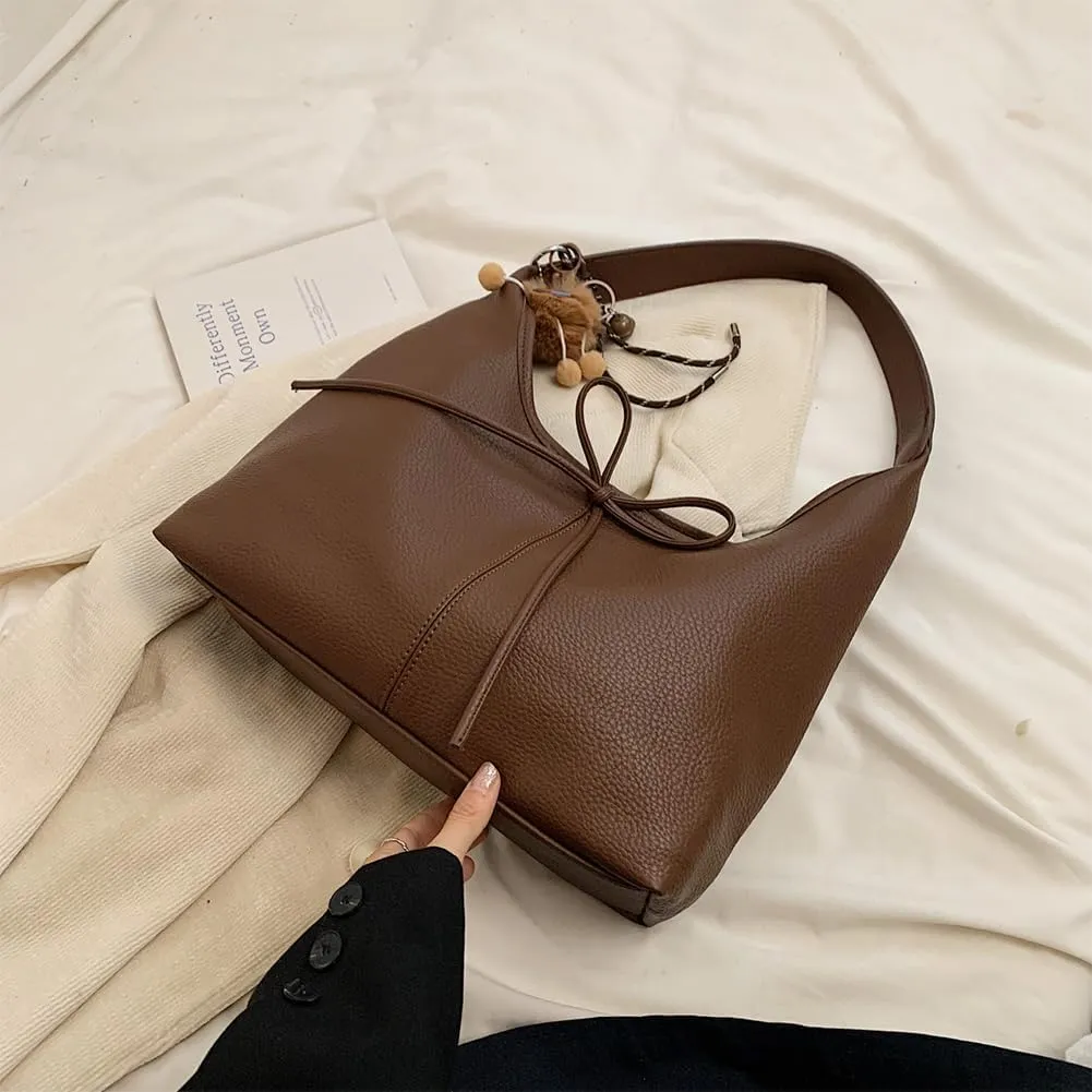 Leather Hobo bag for Women,Leather Shoulder bag Slouchy Hobo Purses and Handbags Bow with Doll Accessories Fall Purse