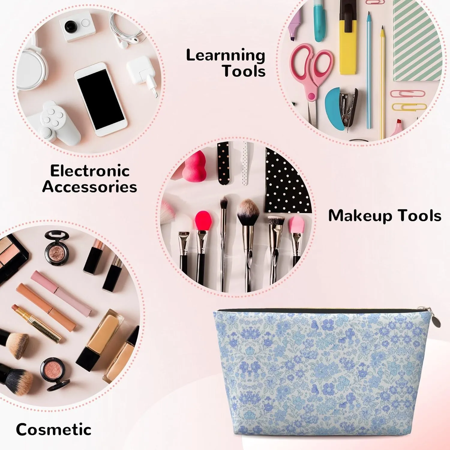 Leather Makeup Bag Travel Cosmetic Bag Small Makeup Bag for Women,Toiletry Bag Accessories Organizer-Blue and White Porcelain