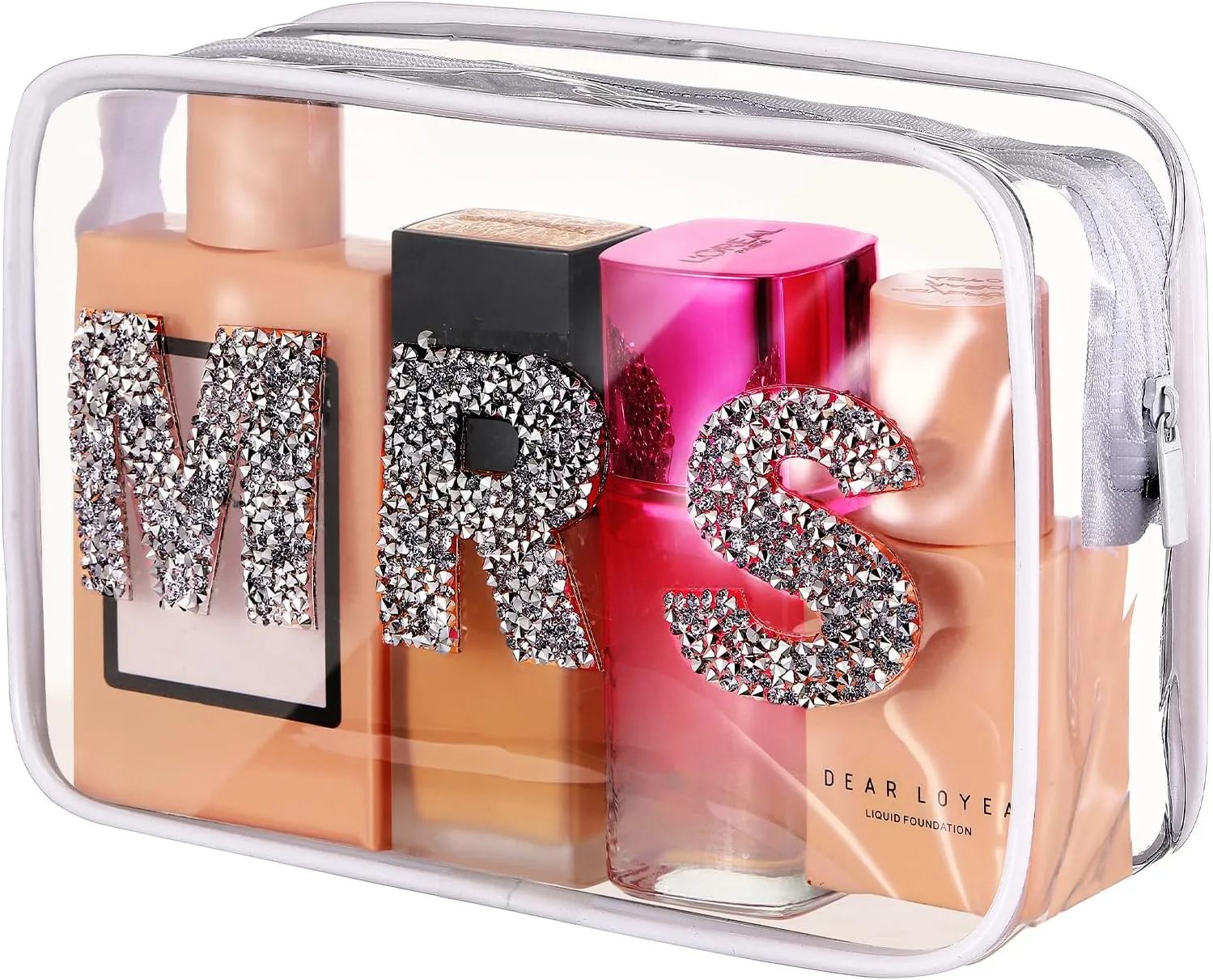 LEIFIDE Bride Bag Clear Makeup Bag Bride Gift Cosmetic Packet Mrs Pearl Bachelorette Toiletry Packet Wifey Pouch Rhinestone Letter PVC Travel Case Wifey Purse Portable(Glitter Style)
