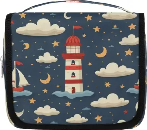 Lighthouse Sailboat Moon Hanging Travel Toiletry Bag Cosmetic Bag Portable Wash Bag with Hook for Bathroom Accessories Toiletries Cosmetics