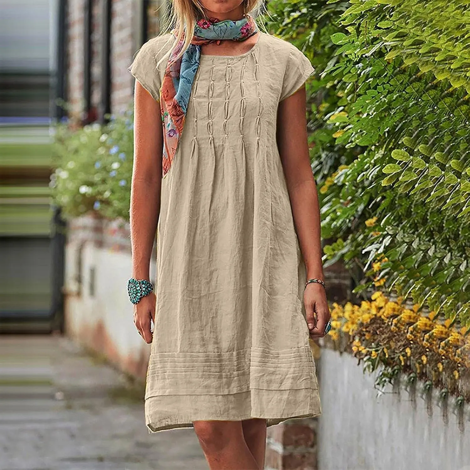 Linen Dresses for Women 2025 Plus Size Cap Sleeve Pleated Summer Dress Vacation Crew Neck Solid Casual Midi Dress