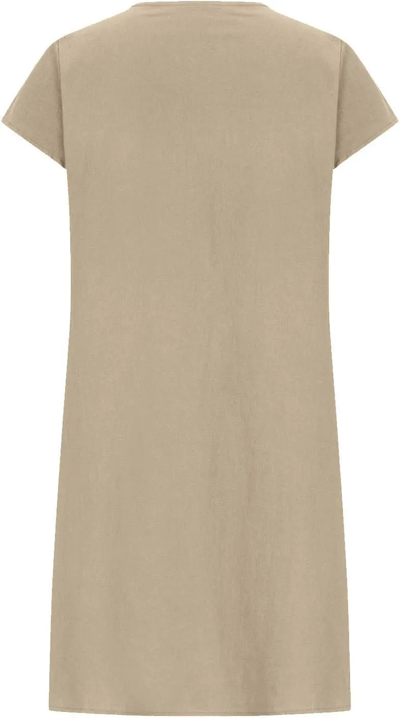 Linen Dresses for Women 2025 Plus Size Cap Sleeve Pleated Summer Dress Vacation Crew Neck Solid Casual Midi Dress