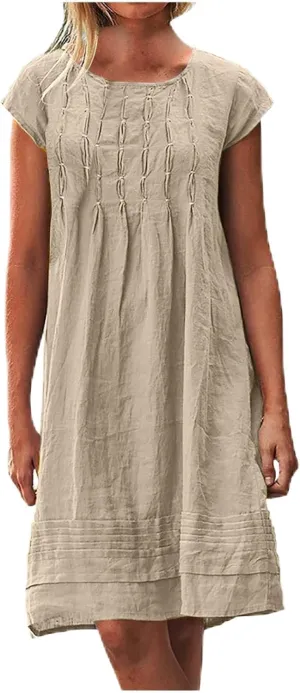 Linen Dresses for Women 2025 Plus Size Cap Sleeve Pleated Summer Dress Vacation Crew Neck Solid Casual Midi Dress