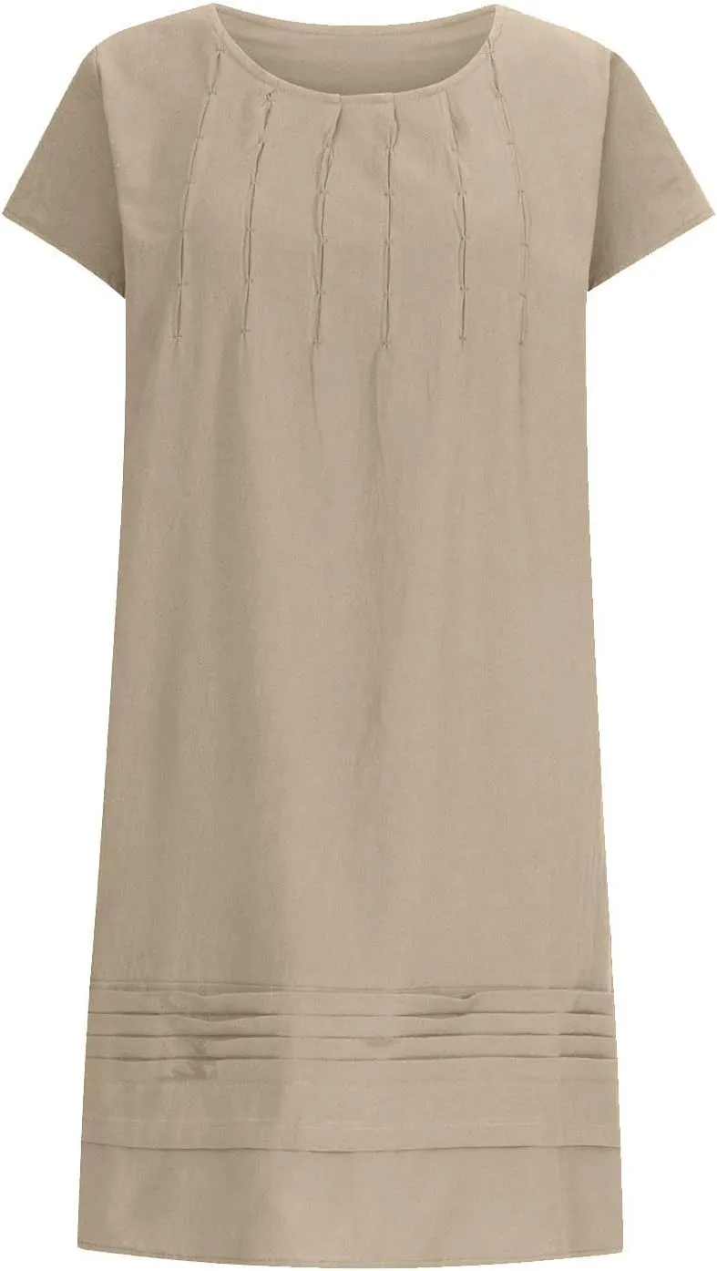 Linen Dresses for Women 2025 Plus Size Cap Sleeve Pleated Summer Dress Vacation Crew Neck Solid Casual Midi Dress