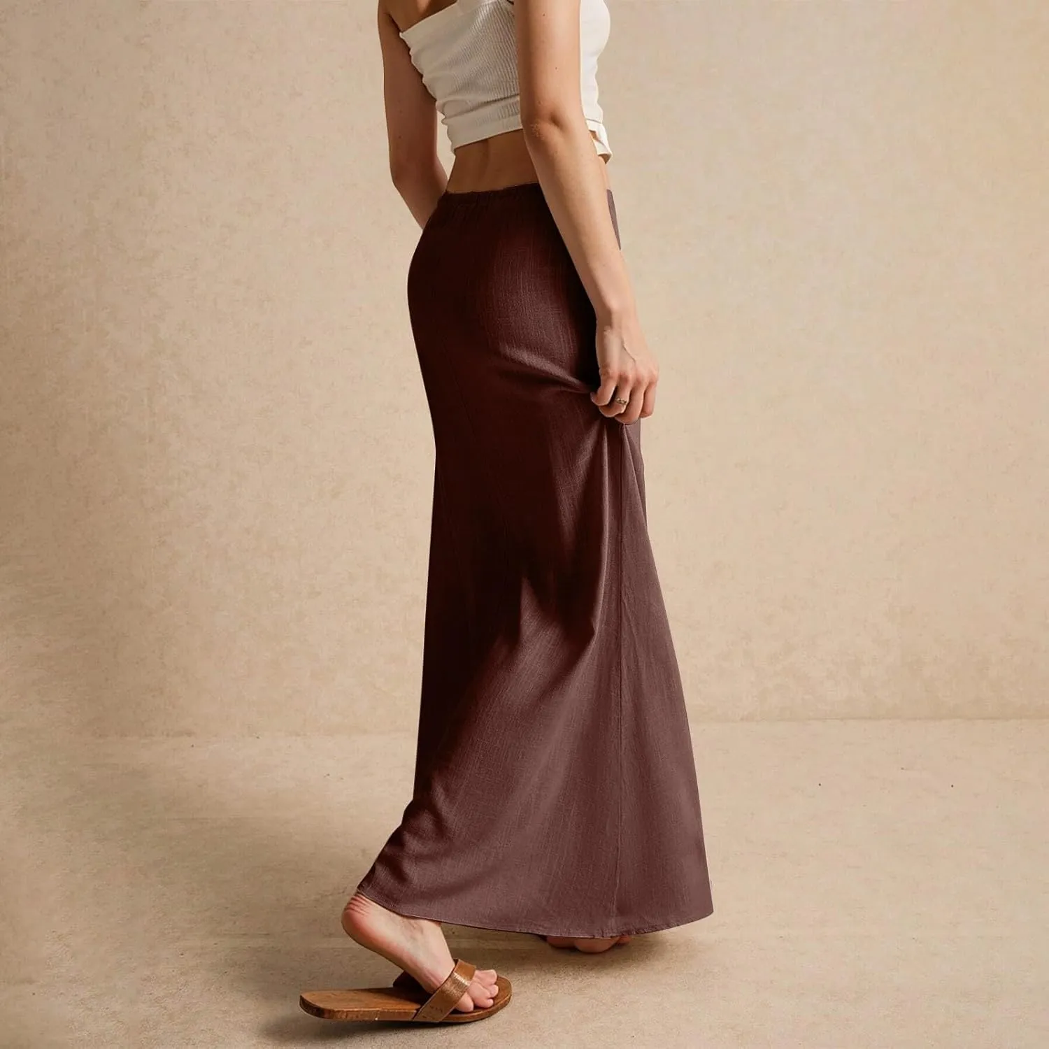 Linen Skirts for Women Summer Casual Flowy Boho Flared Stretchy High Waisted Drawstring Beach A Line Maxi Skirts