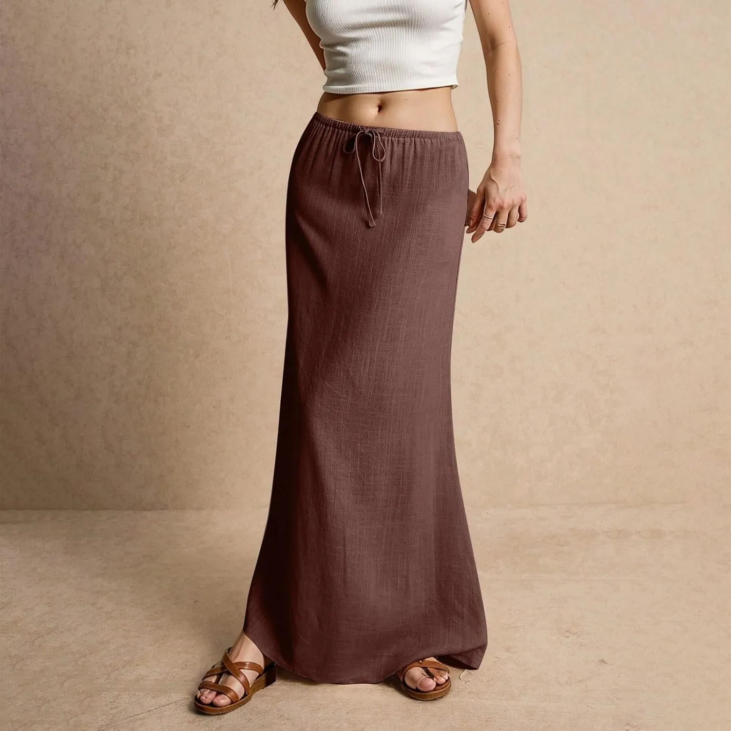 Linen Skirts for Women Summer Casual Flowy Boho Flared Stretchy High Waisted Drawstring Beach A Line Maxi Skirts