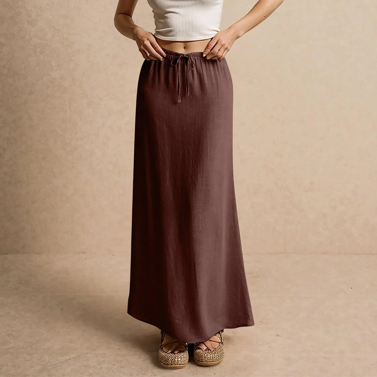 Linen Skirts for Women Summer Casual Flowy Boho Flared Stretchy High Waisted Drawstring Beach A Line Maxi Skirts