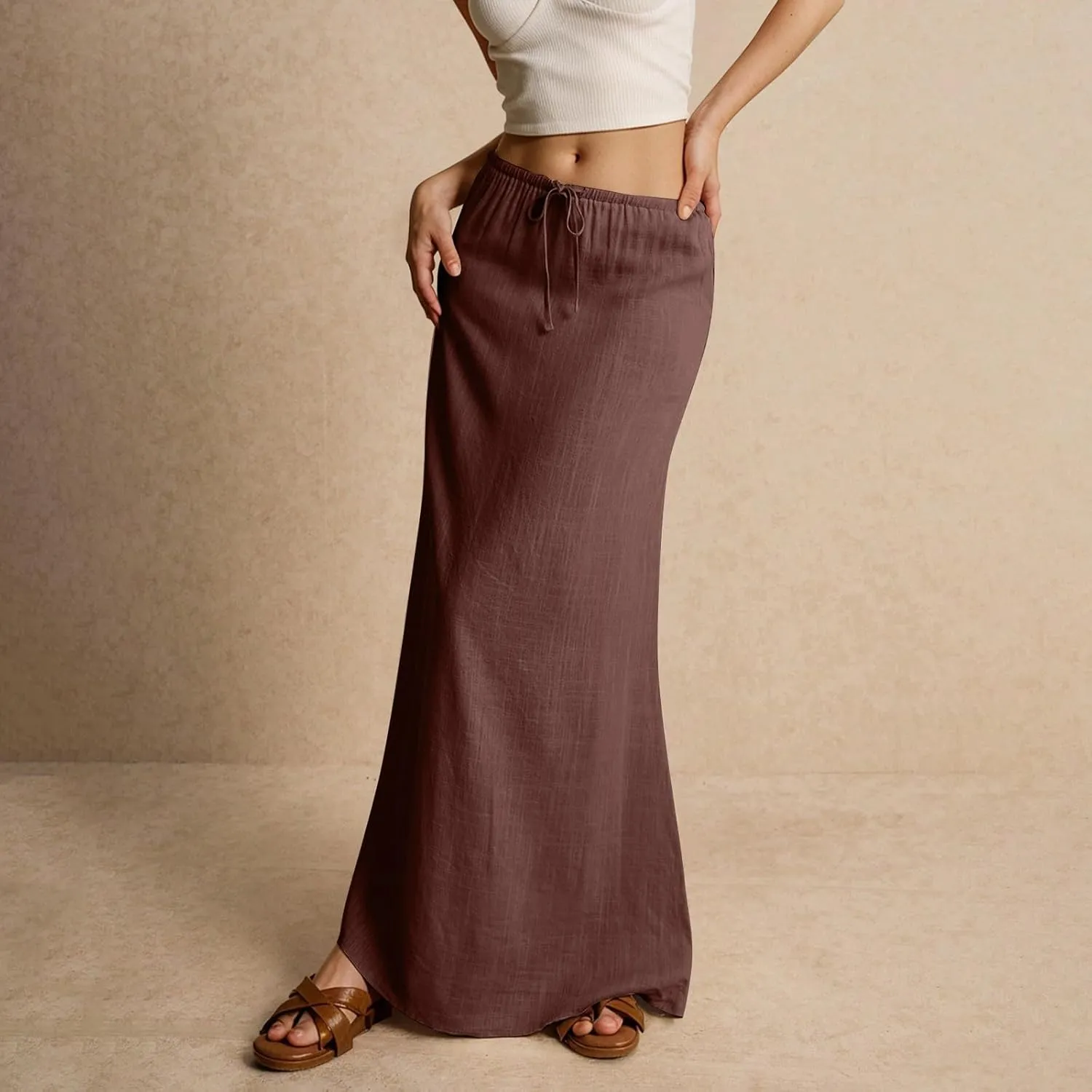 Linen Skirts for Women Summer Casual Flowy Boho Flared Stretchy High Waisted Drawstring Beach A Line Maxi Skirts