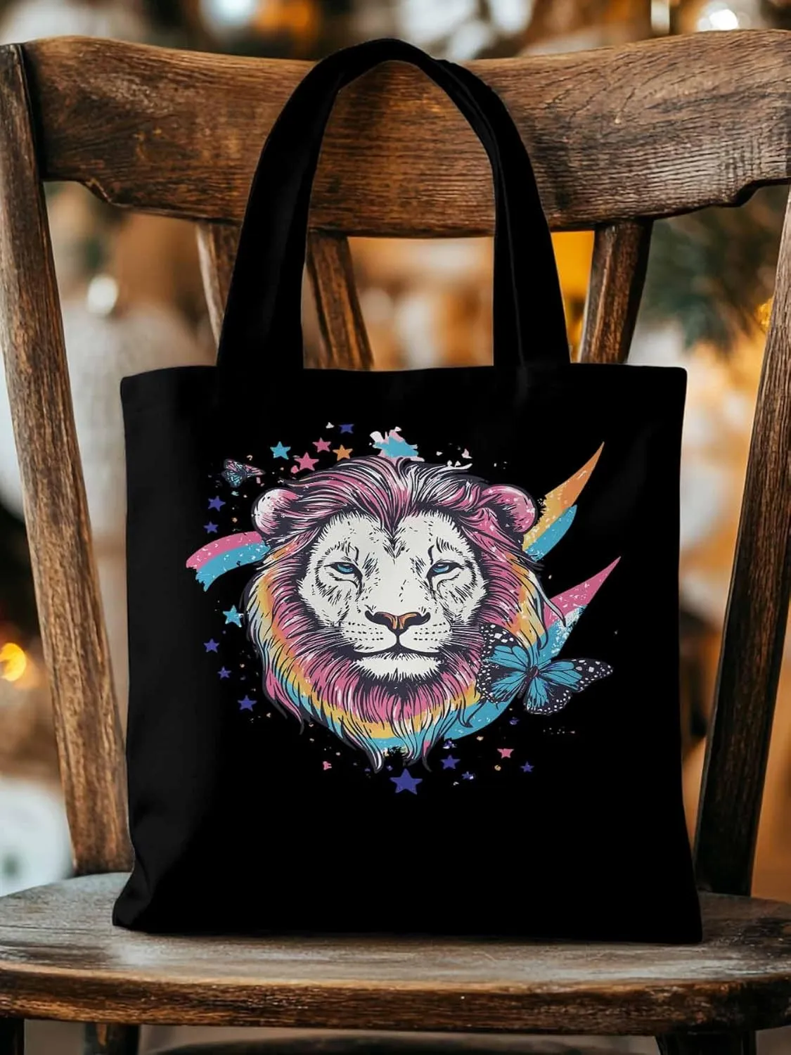 Lion Rainbow Butterfly Animals Canvas Tote Bag, Aesthetic Canvas Tote Handbags for Women Shoulder Bag