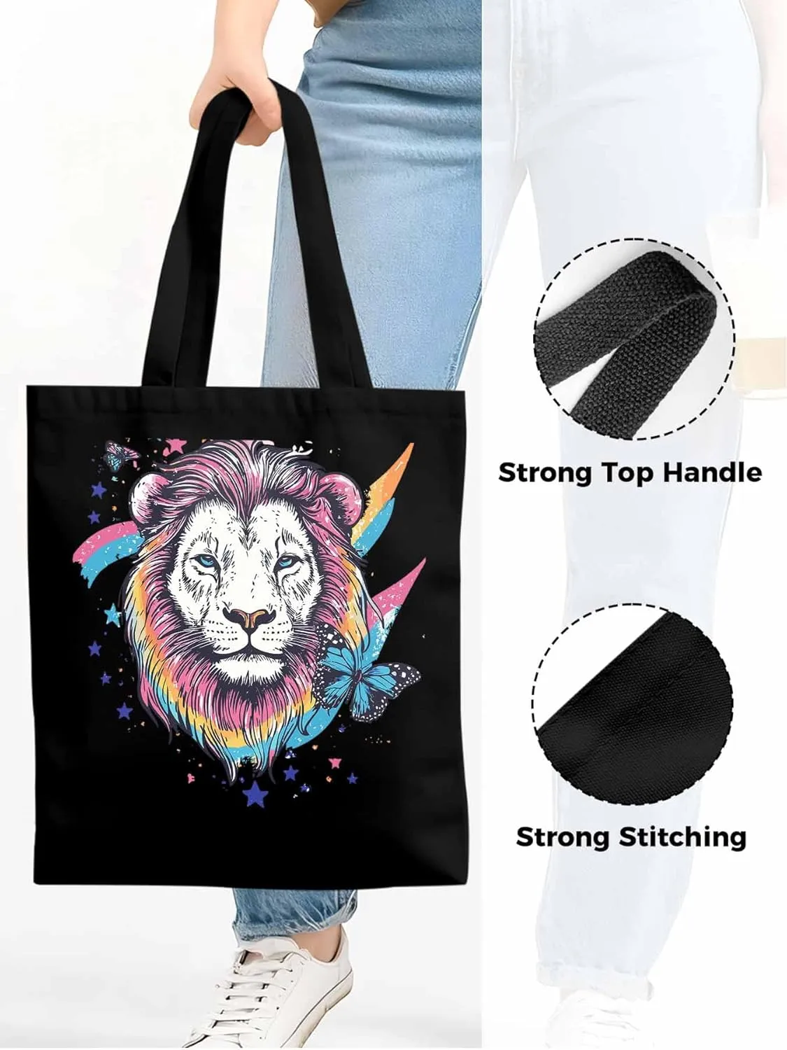 Lion Rainbow Butterfly Animals Canvas Tote Bag, Aesthetic Canvas Tote Handbags for Women Shoulder Bag
