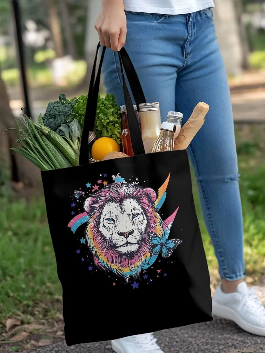 Lion Rainbow Butterfly Animals Canvas Tote Bag, Aesthetic Canvas Tote Handbags for Women Shoulder Bag