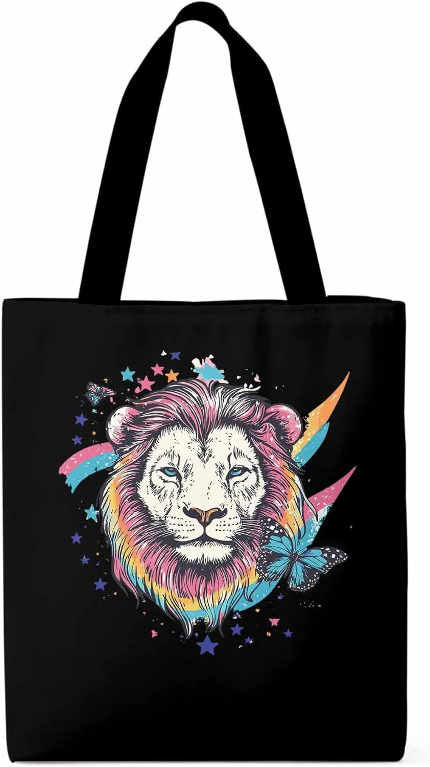 Lion Rainbow Butterfly Animals Canvas Tote Bag, Aesthetic Canvas Tote Handbags for Women Shoulder Bag