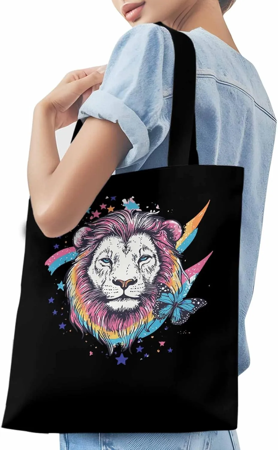 Lion Rainbow Butterfly Animals Canvas Tote Bag, Aesthetic Canvas Tote Handbags for Women Shoulder Bag