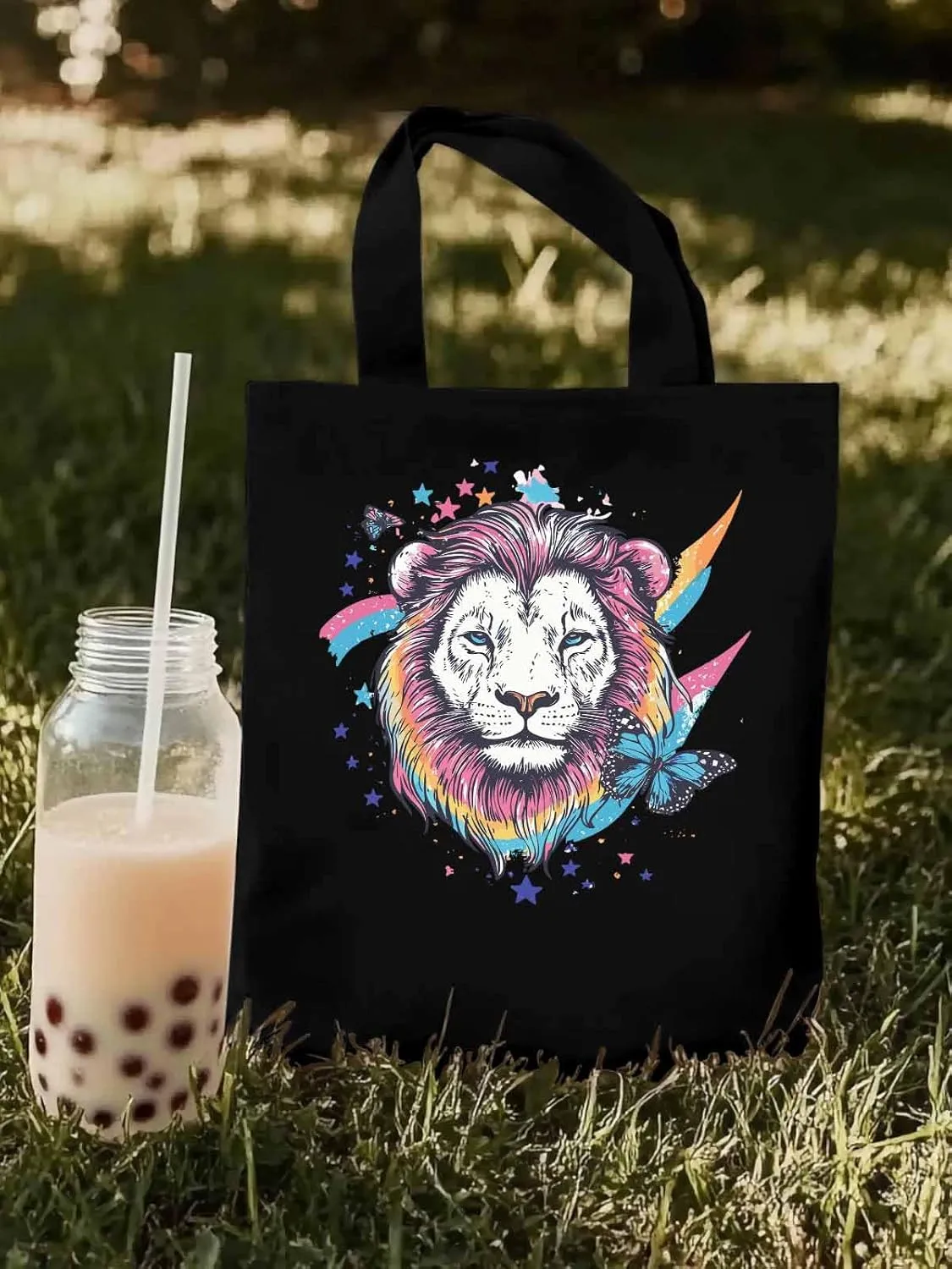 Lion Rainbow Butterfly Animals Canvas Tote Bag, Aesthetic Canvas Tote Handbags for Women Shoulder Bag