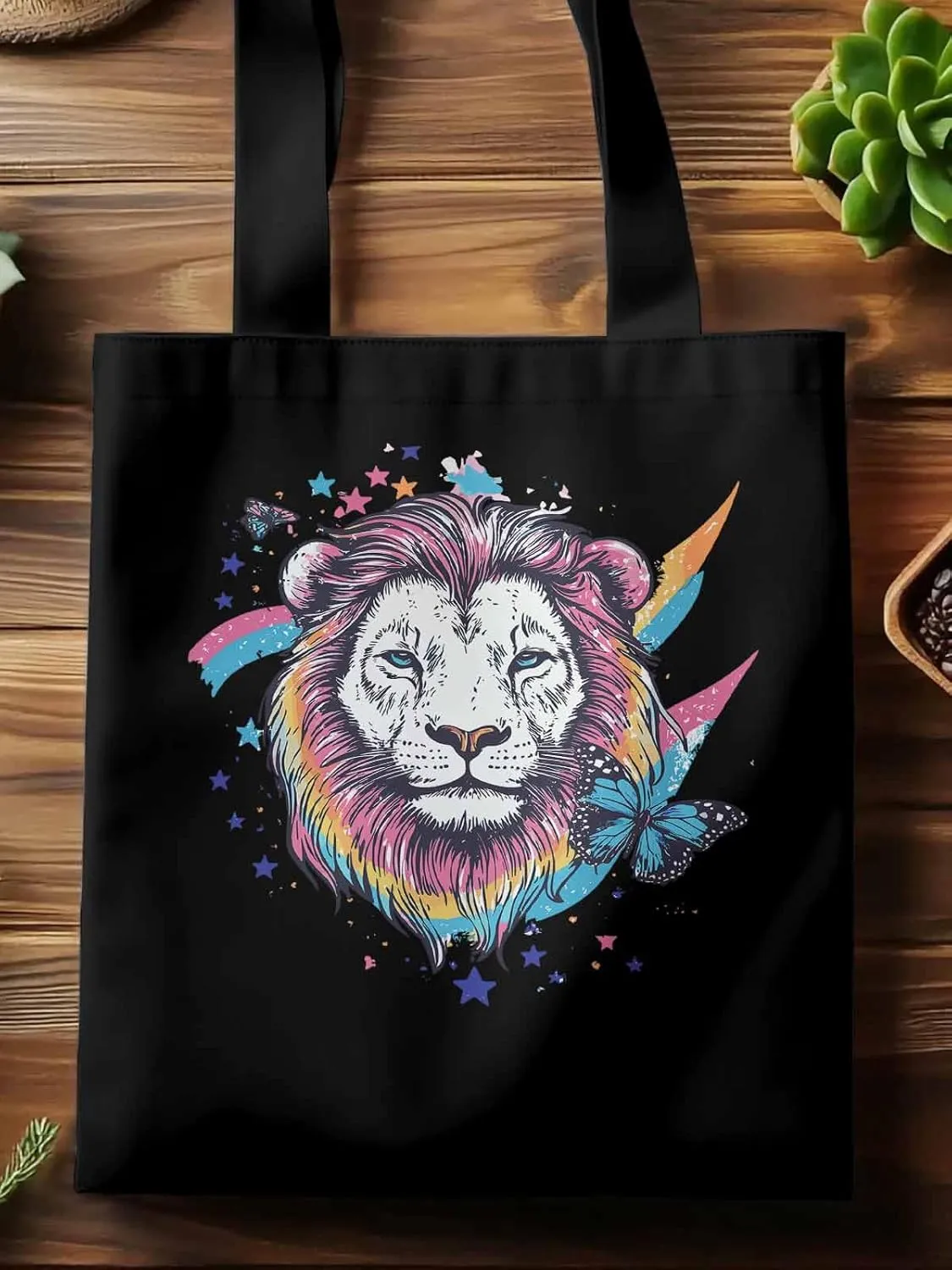 Lion Rainbow Butterfly Animals Canvas Tote Bag, Aesthetic Canvas Tote Handbags for Women Shoulder Bag