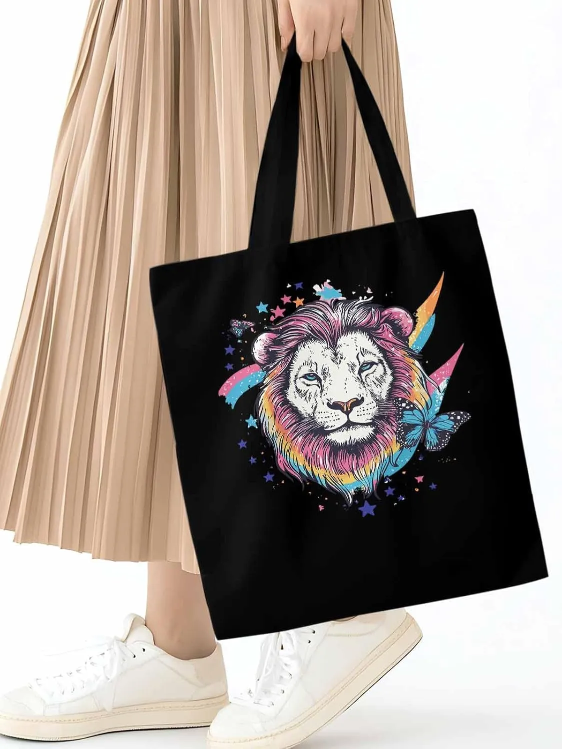 Lion Rainbow Butterfly Animals Canvas Tote Bag, Aesthetic Canvas Tote Handbags for Women Shoulder Bag