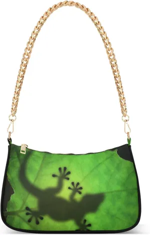 Lizard Silhouette in A Green Leaf Shoulder Handbags for Women Travel Hobo Tote Handbag Women Gold Chain Shoulder Bags Purse with Zipper Closure