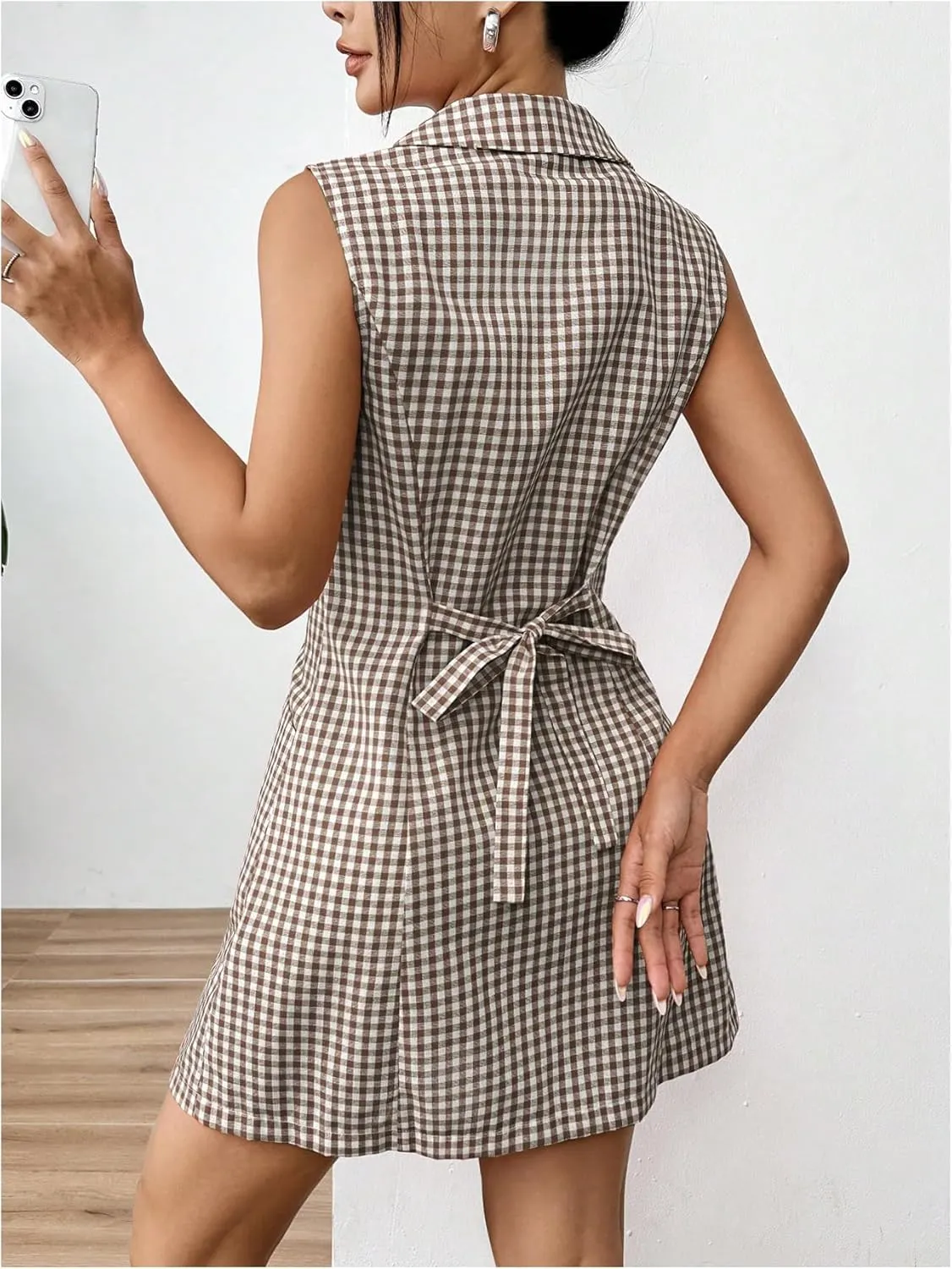 MakeMeChic Women's Plaid Gingham Lapel Button Down Short Dresses Sleeveless A Line Shirt Dress with Pocket