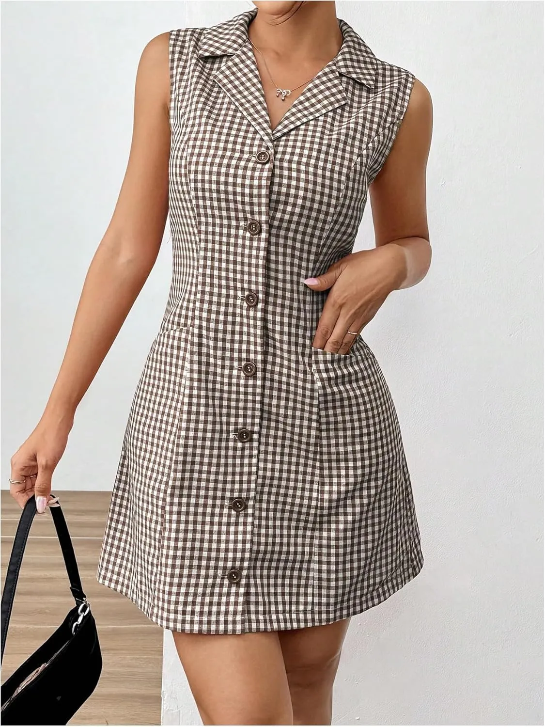 MakeMeChic Women's Plaid Gingham Lapel Button Down Short Dresses Sleeveless A Line Shirt Dress with Pocket