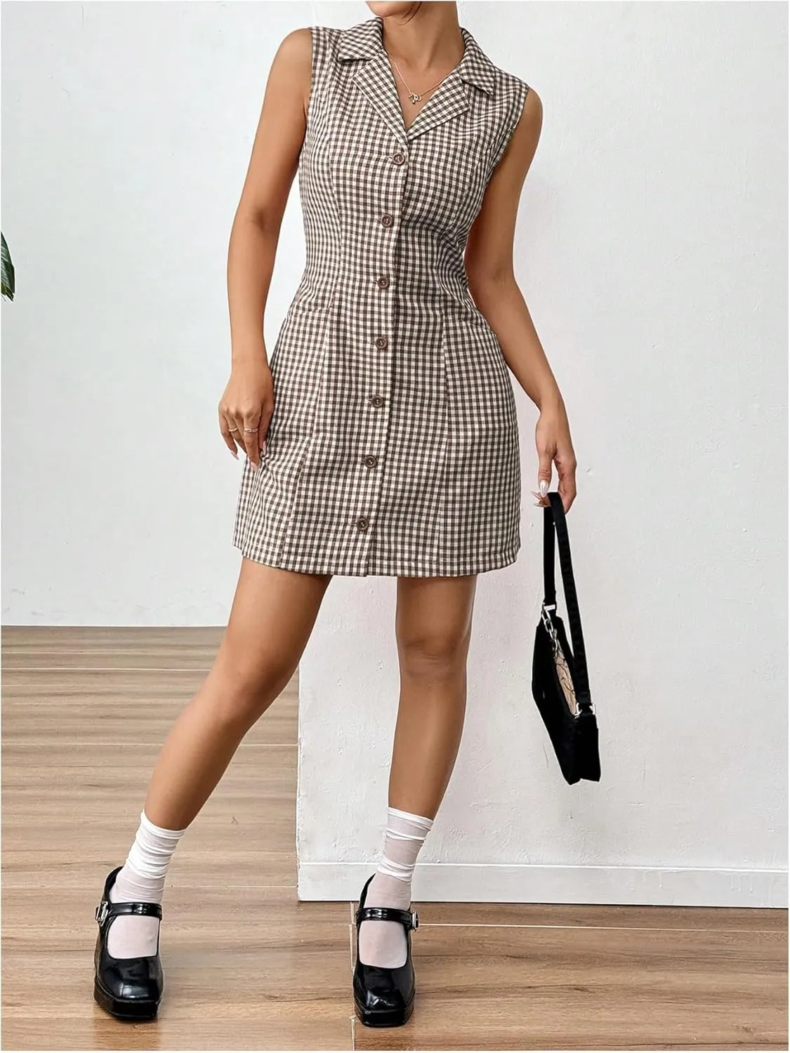 MakeMeChic Women's Plaid Gingham Lapel Button Down Short Dresses Sleeveless A Line Shirt Dress with Pocket