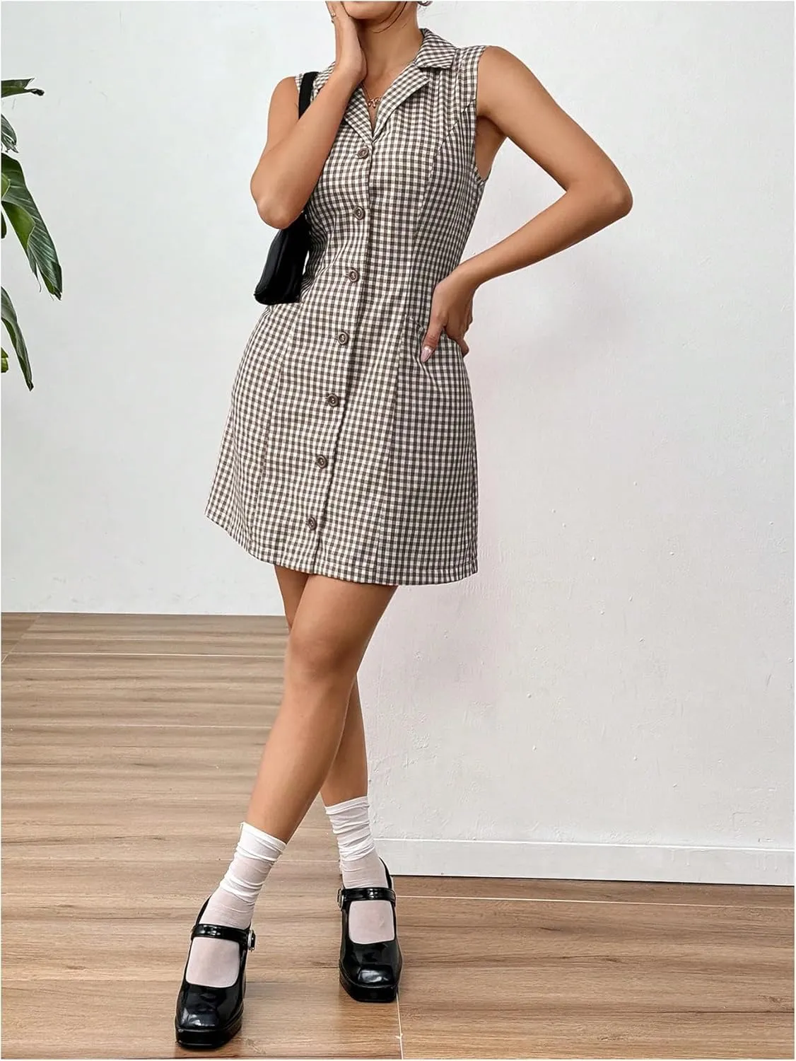 MakeMeChic Women's Plaid Gingham Lapel Button Down Short Dresses Sleeveless A Line Shirt Dress with Pocket