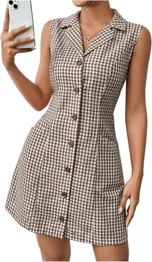 MakeMeChic Women's Plaid Gingham Lapel Button Down Short Dresses Sleeveless A Line Shirt Dress with Pocket