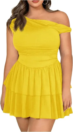 MakeMeChic Women's Plus Size Summer Dress Asymmetrical Neck Mini Dress Ruffle Tiered Cocktail Dresses