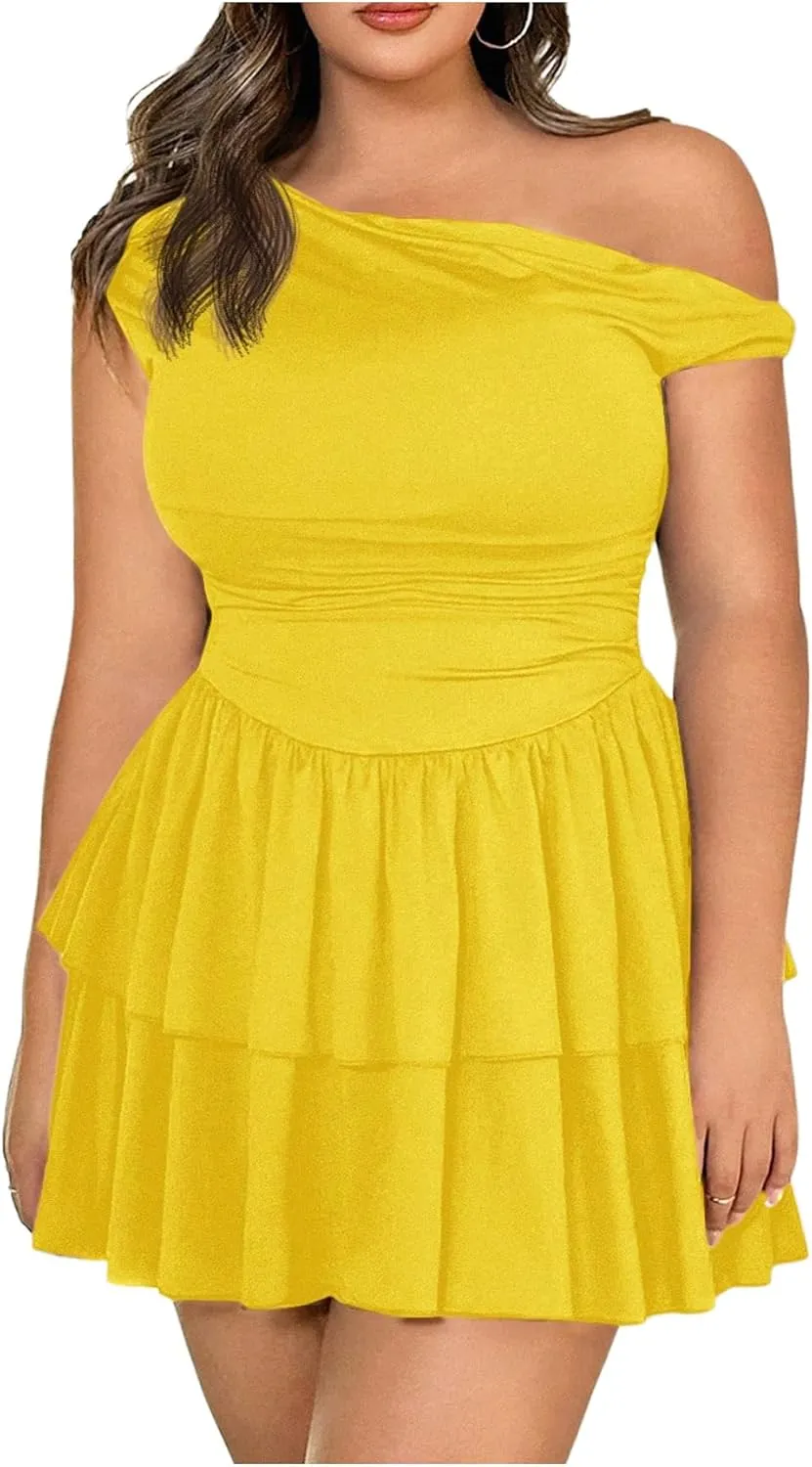 MakeMeChic Women's Plus Size Summer Dress Asymmetrical Neck Mini Dress Ruffle Tiered Cocktail Dresses