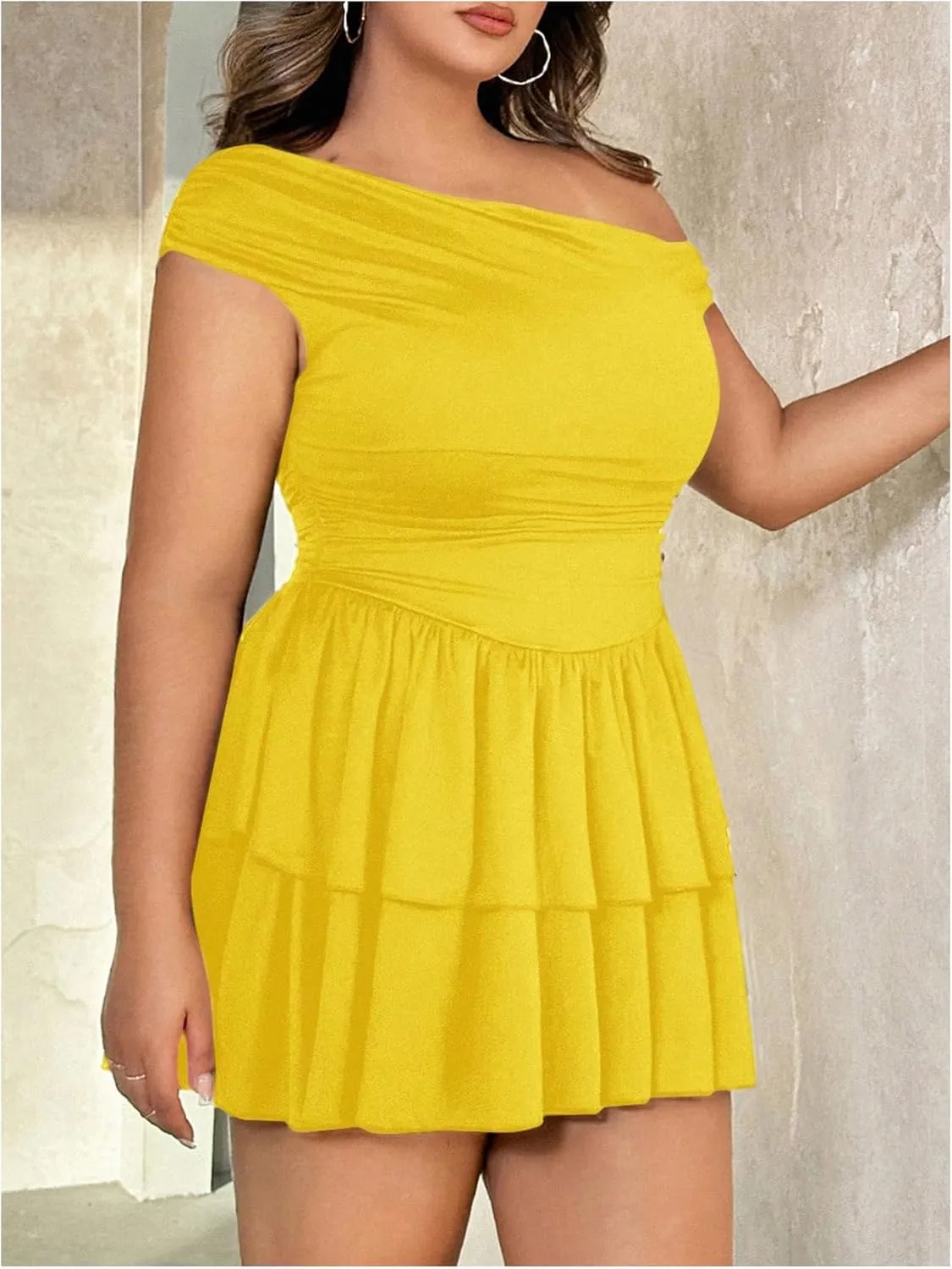 MakeMeChic Women's Plus Size Summer Dress Asymmetrical Neck Mini Dress Ruffle Tiered Cocktail Dresses