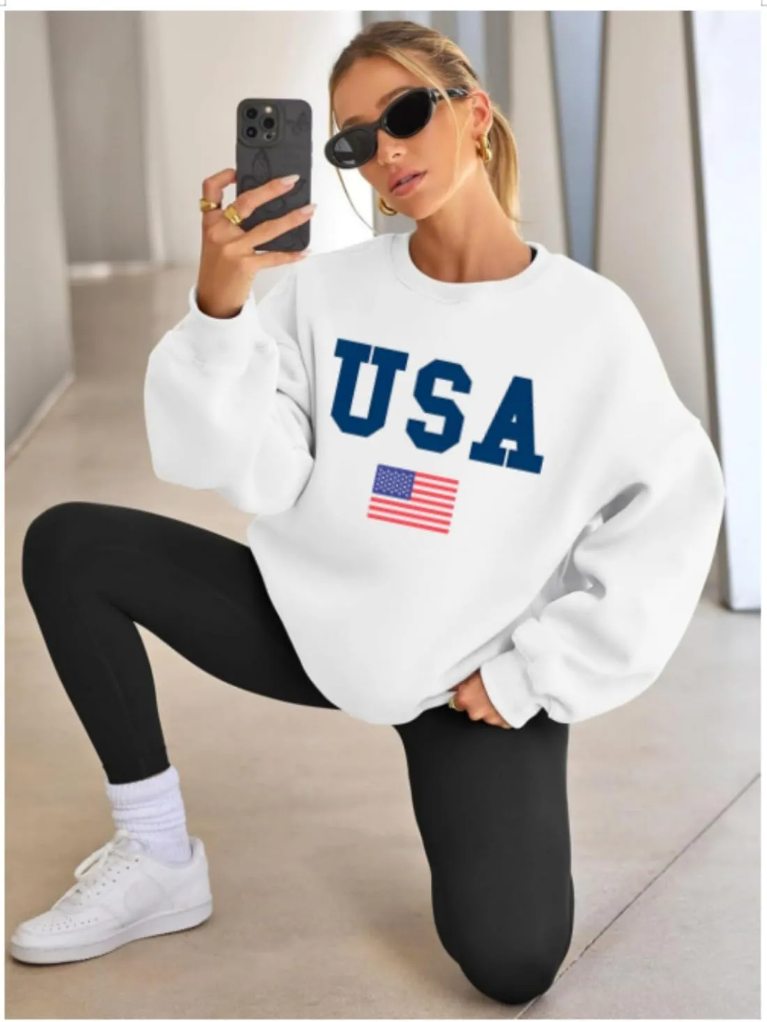 Mama Sweatshirt Women Mama Letter Print Graphic Mom Life Long Sleeve USA Sweatshirt Pullover American Flag Shirt Tops