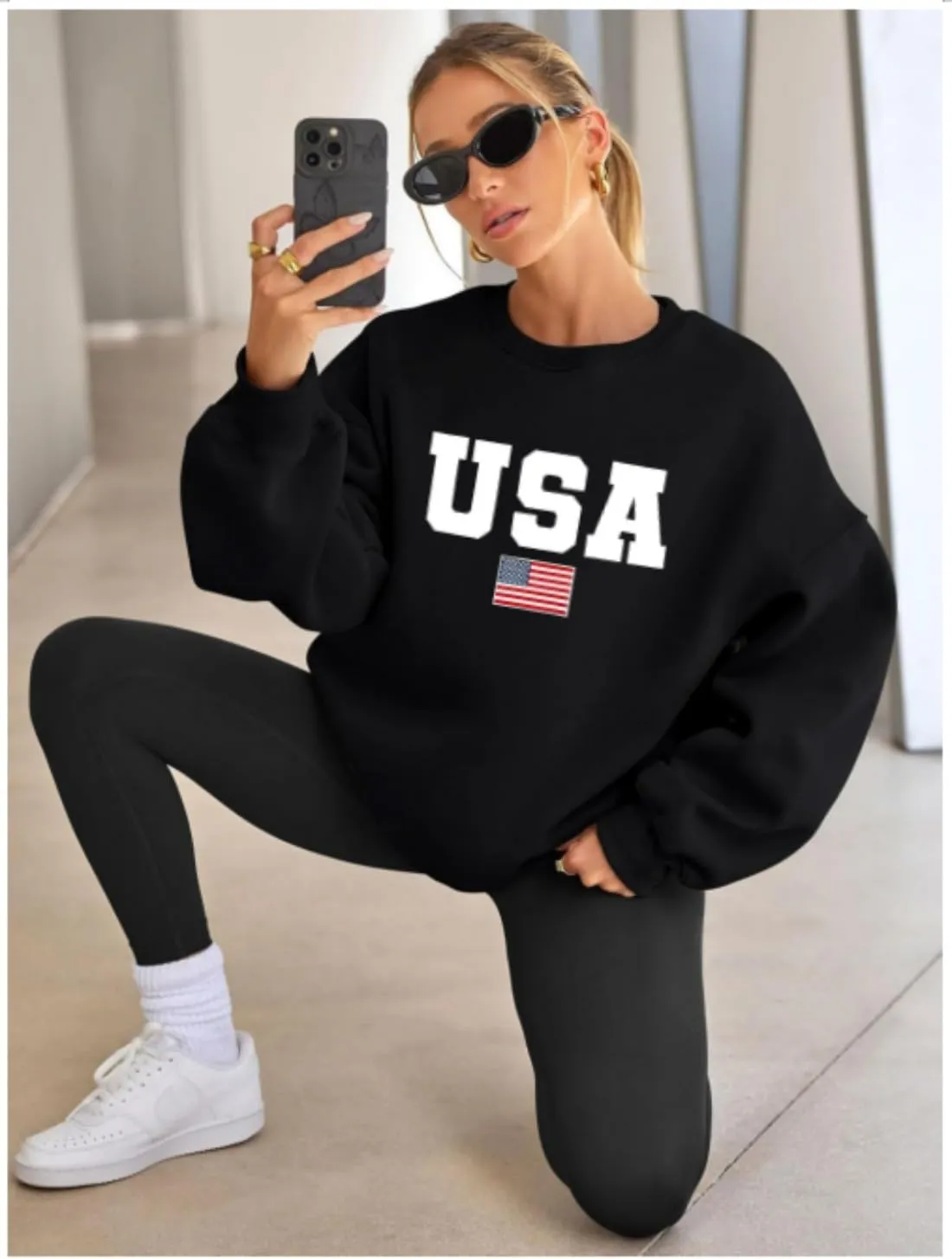 Mama Sweatshirt Women Mama Letter Print Graphic Mom Life Long Sleeve USA Sweatshirt Pullover American Flag Shirt Tops