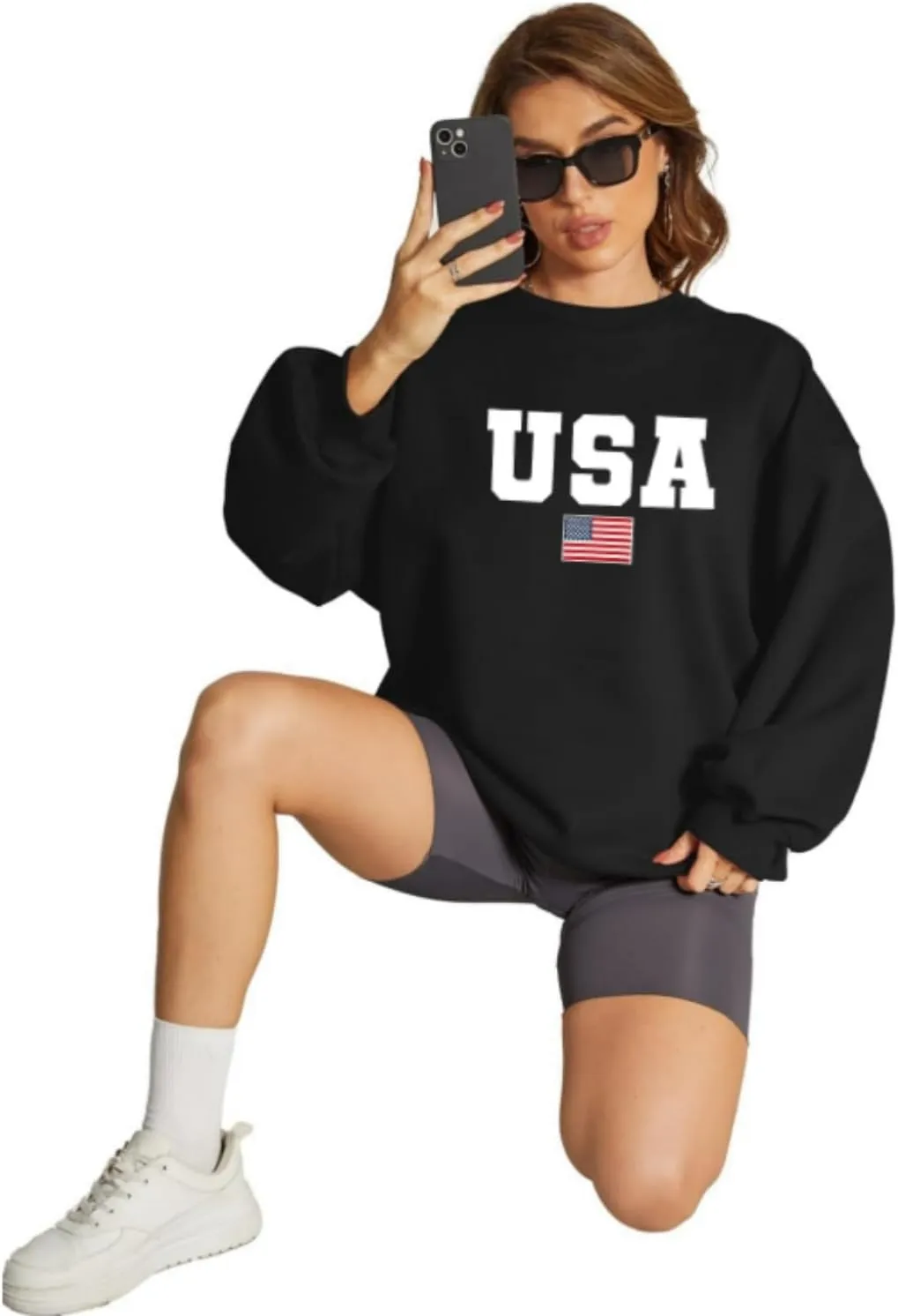 Mama Sweatshirt Women Mama Letter Print Graphic Mom Life Long Sleeve USA Sweatshirt Pullover American Flag Shirt Tops