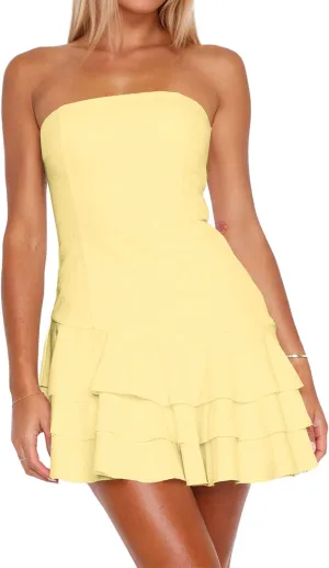 Meladyan Women's 2025 Summer Strapless Tube Dress Sexy Off Shoulder Ruffle Tiered Flowy Mini Dresses