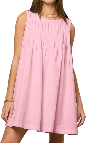 Meladyan Women's Sleeveless Babydoll Mini Dress Crewneck Pleated Loose Swing Tank Dresses Summer Beach Sundress