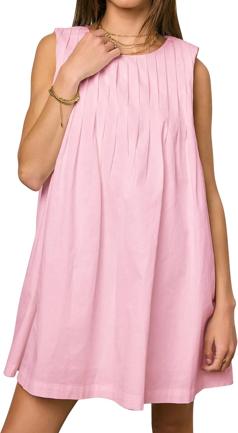 Meladyan Women's Sleeveless Babydoll Mini Dress Crewneck Pleated Loose Swing Tank Dresses Summer Beach Sundress