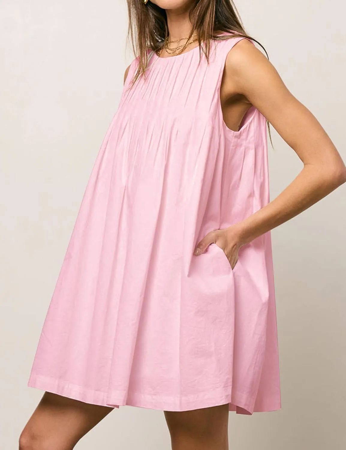 Meladyan Women's Sleeveless Babydoll Mini Dress Crewneck Pleated Loose Swing Tank Dresses Summer Beach Sundress