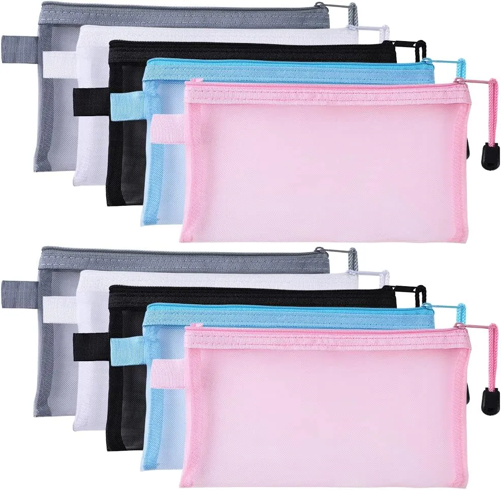 Mesh Travel Makeup Bag 10pcs Multifunctional Transparent Cosmetics Organizer Bag Zipper Pencil Case File Stationery Storage Pouch for Office Supplies Cosmetics Makeup Travel Accessories