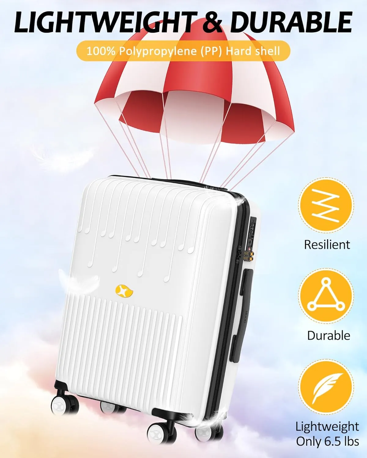 MGB 20 Inch PP Carry-on Luggage with Spinner Wheels and TSA Lock, Airline Approved Lightweight Hardside Suitcase for Travel, Hard Shell Suitcase for Men Women, 20", White