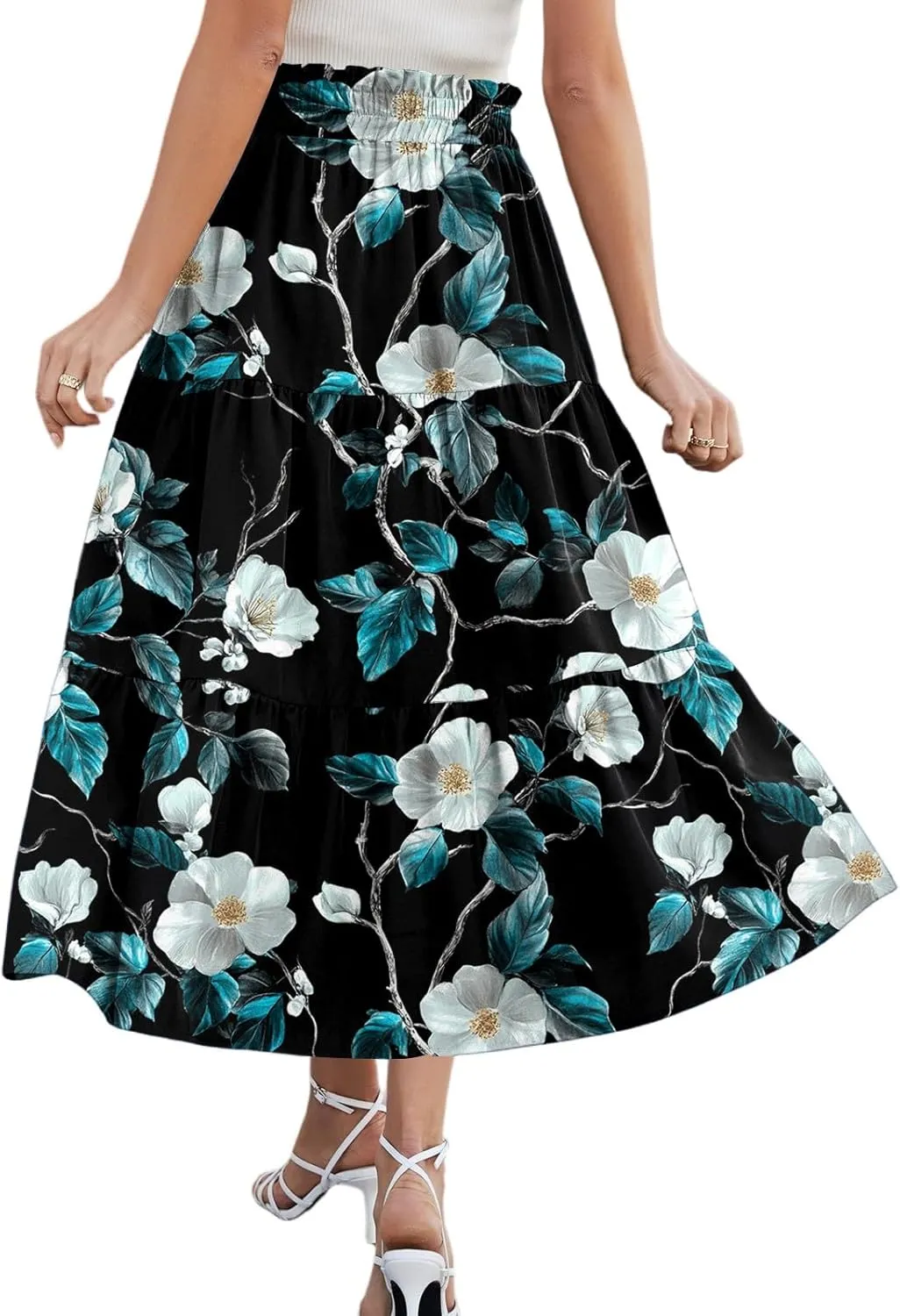 Midi Summer Skirts for Women Drawstring High Waist Knee Length Skirts A Line Floral Print Work Skirt with Pockets