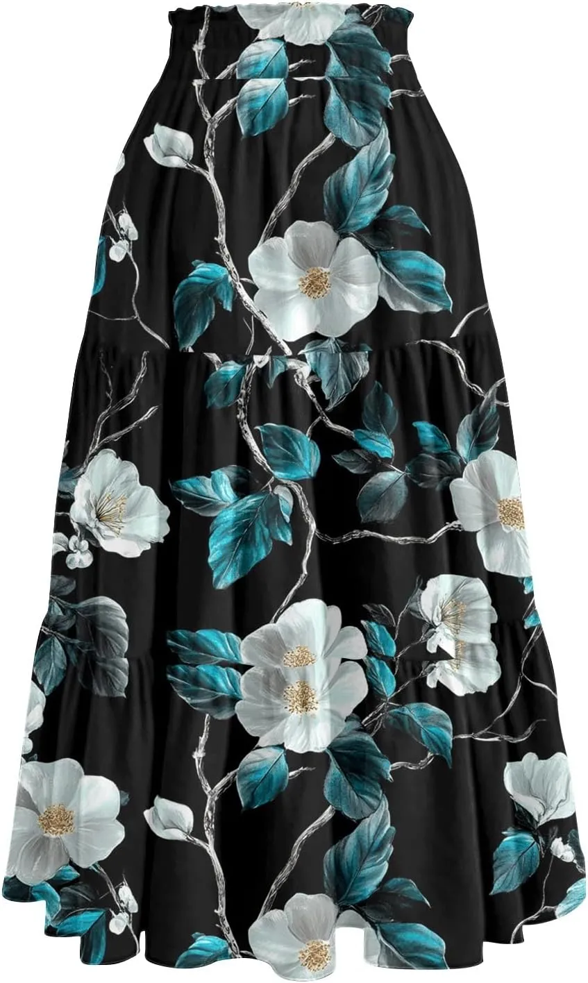 Midi Summer Skirts for Women Drawstring High Waist Knee Length Skirts A Line Floral Print Work Skirt with Pockets