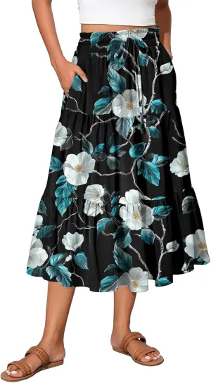 Midi Summer Skirts for Women Drawstring High Waist Knee Length Skirts A Line Floral Print Work Skirt with Pockets