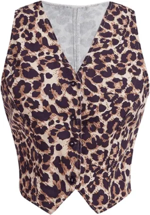 Milumia Women Leopard Print Vest V Neck Button Down Sleeveless Blazer Waistcoat