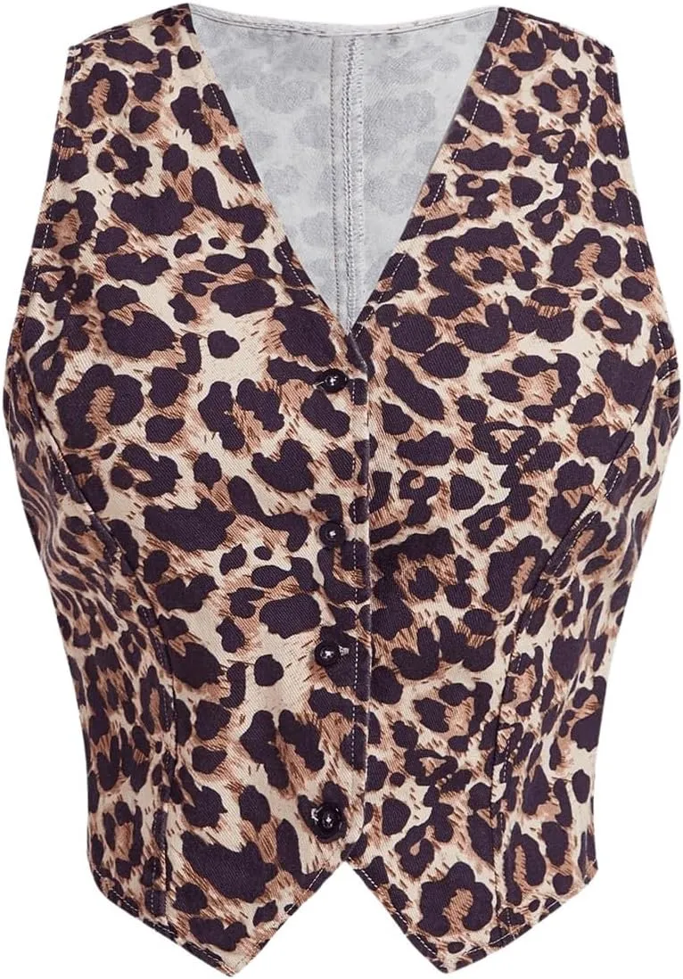 Milumia Women Leopard Print Vest V Neck Button Down Sleeveless Blazer Waistcoat