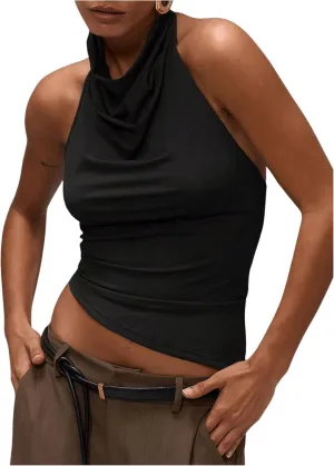 Milumia Women's Draped Halter Neck Backless Tank Top Sleeveless Asymmetrical Hem Crop Tops